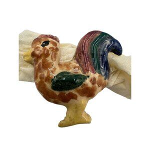 Vintage Ceramic Hand-Painted Rooster Brooch Farmhouse Style Multi-Color Pin